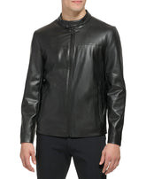 DKNY Men's Faux Laether Modern Racer Jacket, Black Smooth Lamb